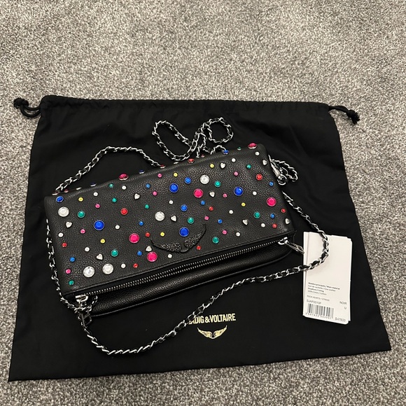 ZADIG & VOLTAIRE ROCK HEARTS AND STRASS SMOOTH LEATHER BAG IN BLACK - Picture 3 of 4